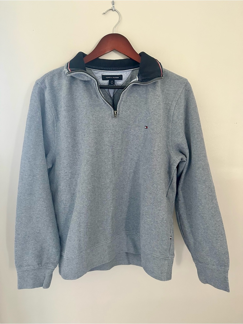 Tommy Hilfiger Men's Blue-Grey Quarter-Zip Cotton Blend Pullover Sz Small